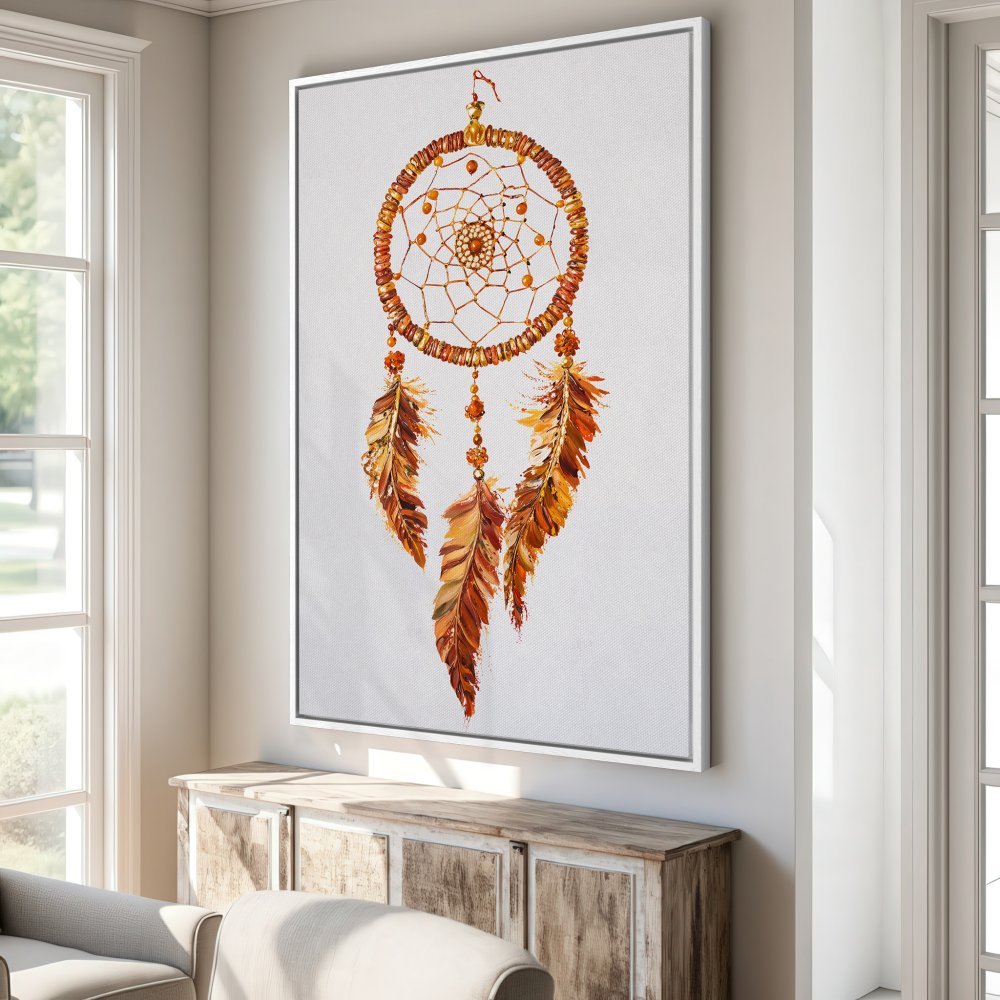 Framed Wall Art: Dreamcatcher canvas print in warm orange and brown tones. Boho style wall decor for a cozy living room.