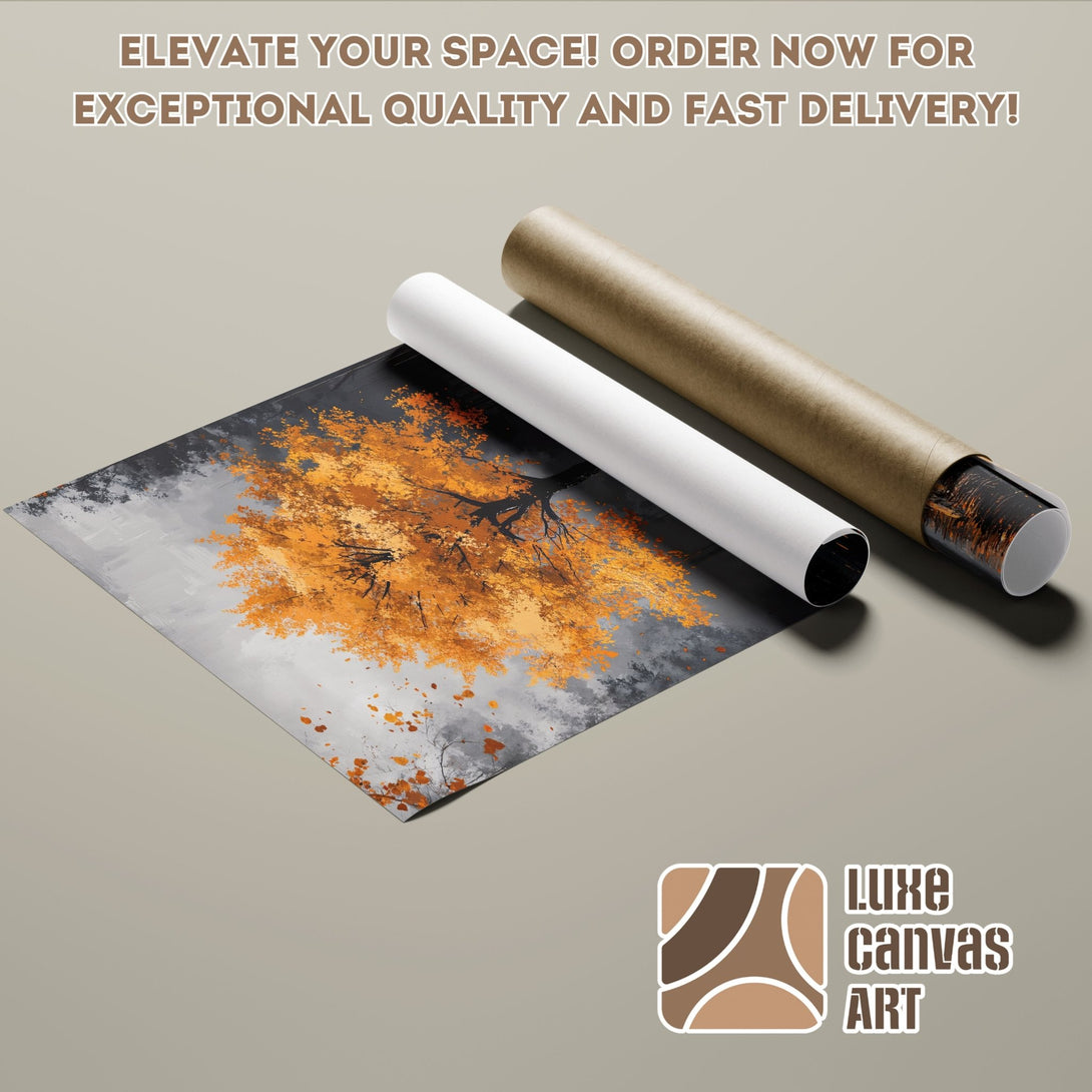 Poster Roll featuring an abstract autumn tree painting in warm orange and gray tones. Elevate your space with art!