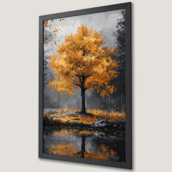 Framed Poster featuring a vibrant autumn tree in a moody, painterly style with a warm orange and gray color palette. Perfect wall art!