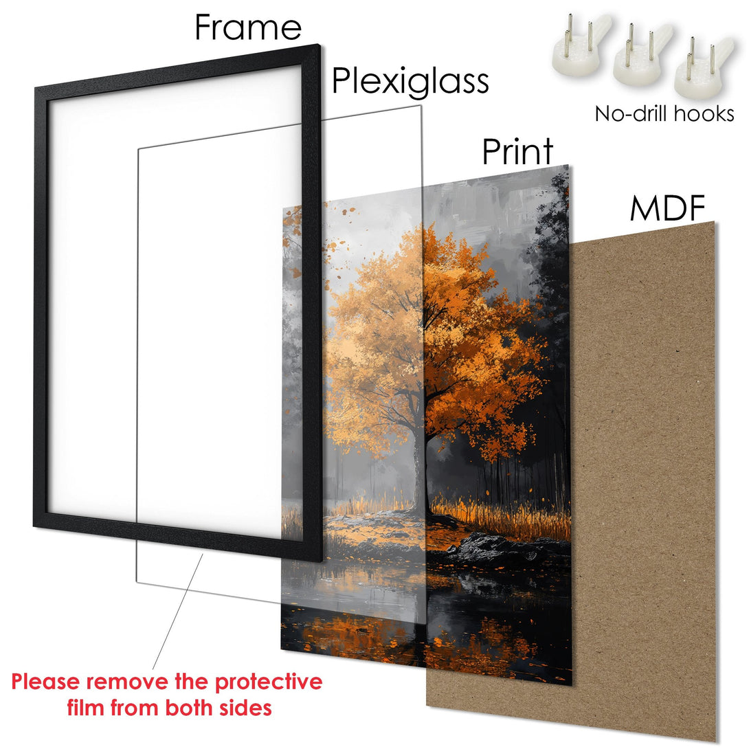 Framed Poster: Autumn tree art print with black frame. Warm orange and gray color palette, perfect wall decor.
