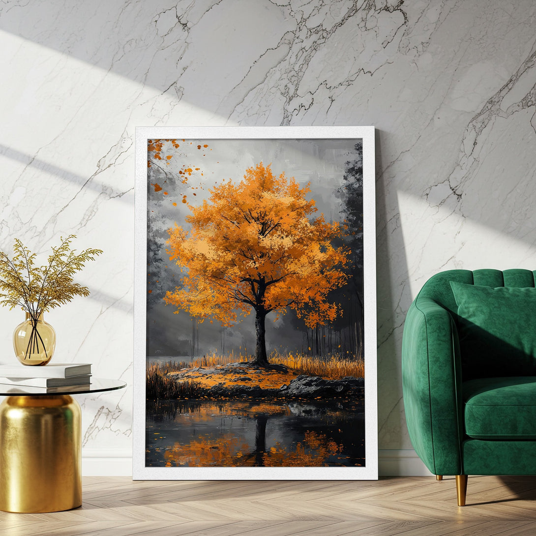Framed Poster of an autumn tree painting. Modern art style with orange, gray, and black color palette. Perfect wall decor.
