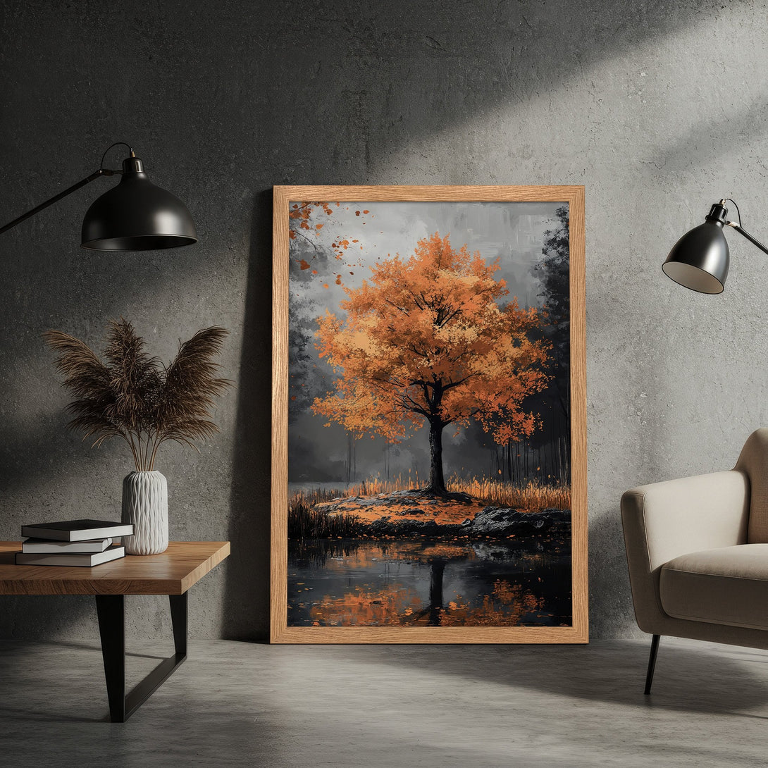 Framed Poster featuring an autumnal tree painting with a dark, moody style and warm orange and gray color palette. Perfect for home decor!