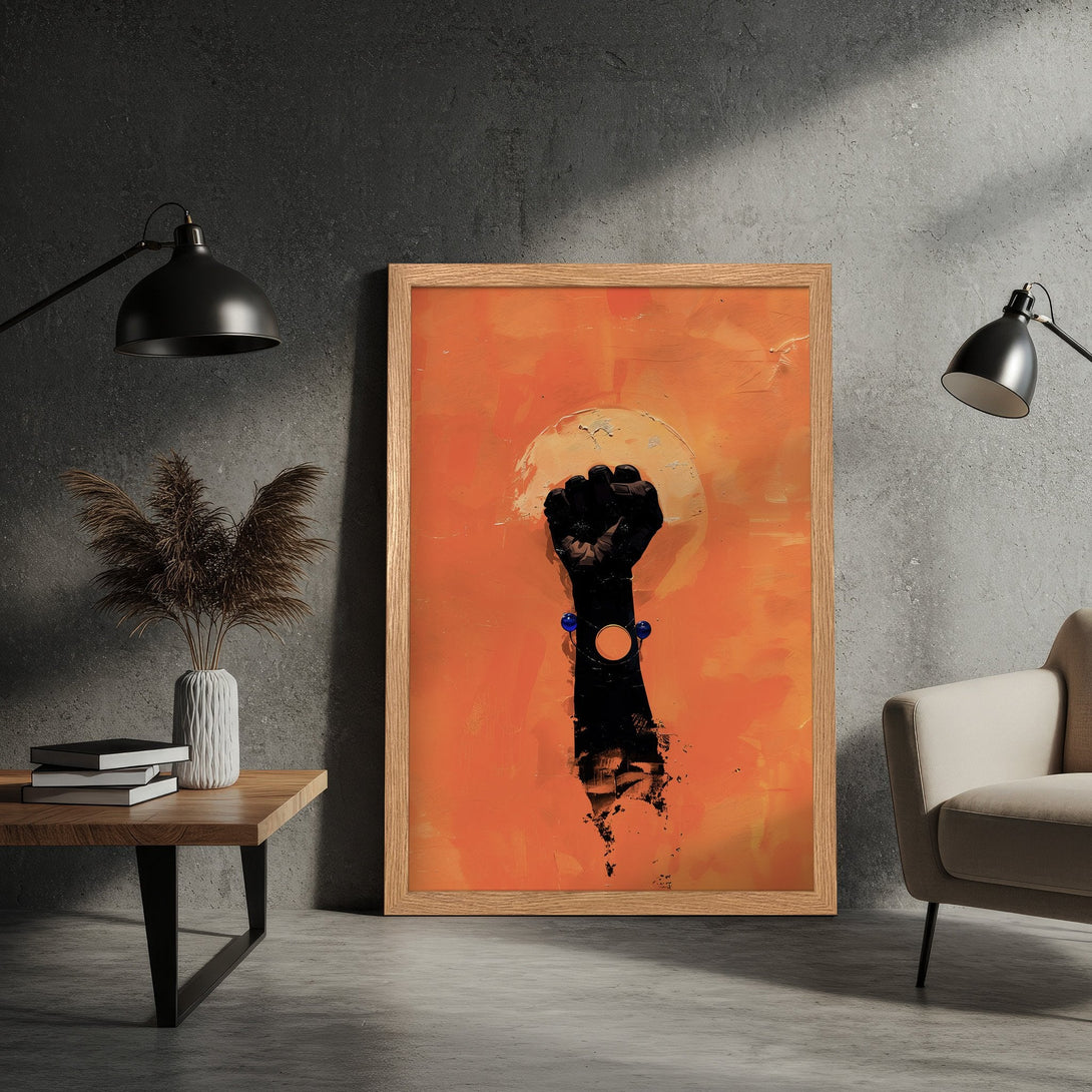 Framed Poster with a black fist on an orange background. Modern art style, warm color palette. Perfect wall decor.