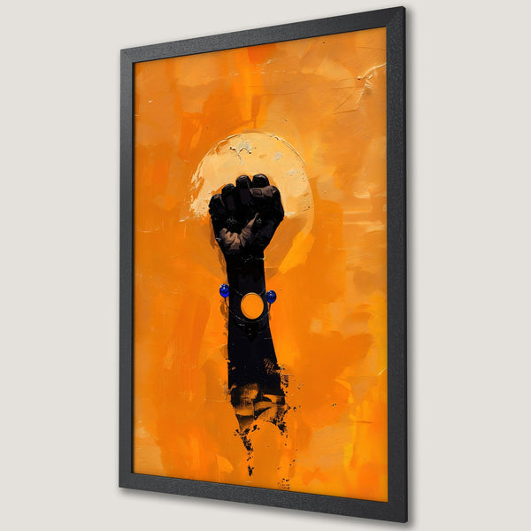 Framed Poster featuring a black fist against an orange background. Abstract art style with bold brushstrokes, warm color palette. Perfect wall decor.
