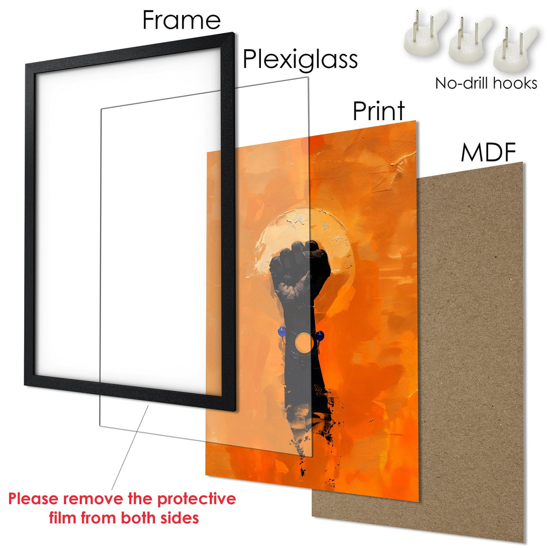 Framed Poster with abstract fist art in orange tones. Modern wall decor, ready to hang.