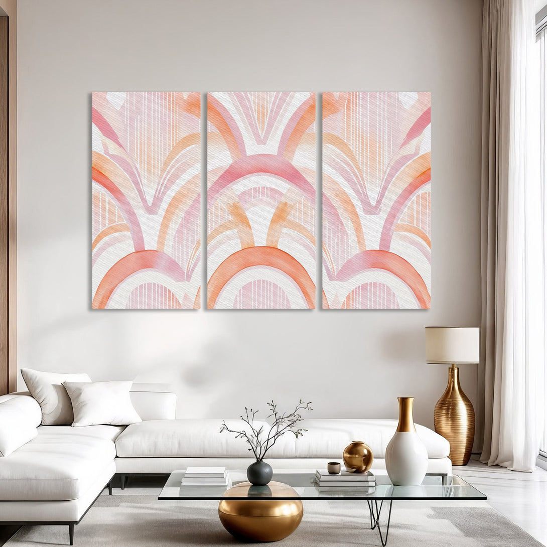 Abstract Canvas Print art in a warm, pastel color palette of pinks and oranges. Modern design perfect for any interior.