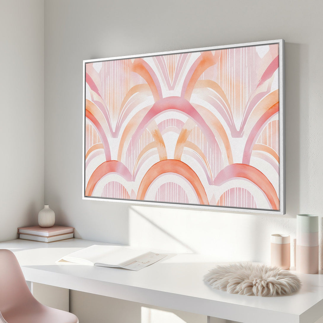 Framed Wall Art: Abstract watercolor art in pink and peach tones. Modern canvas print perfect for adding a touch of elegance to any room.