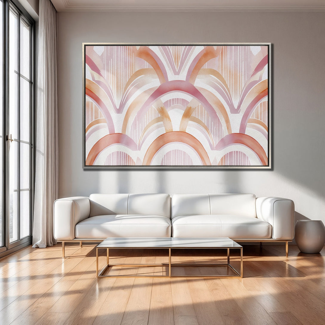 Framed Wall Art: Abstract watercolor arches in warm pink and peach tones. Modern art print perfect for adding a pop of color to your living room.