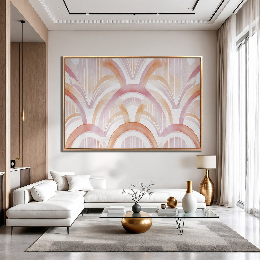 Framed Wall Art: Abstract watercolor art print in pink and peach tones. Modern style canvas print adds a touch of elegance to any interior.