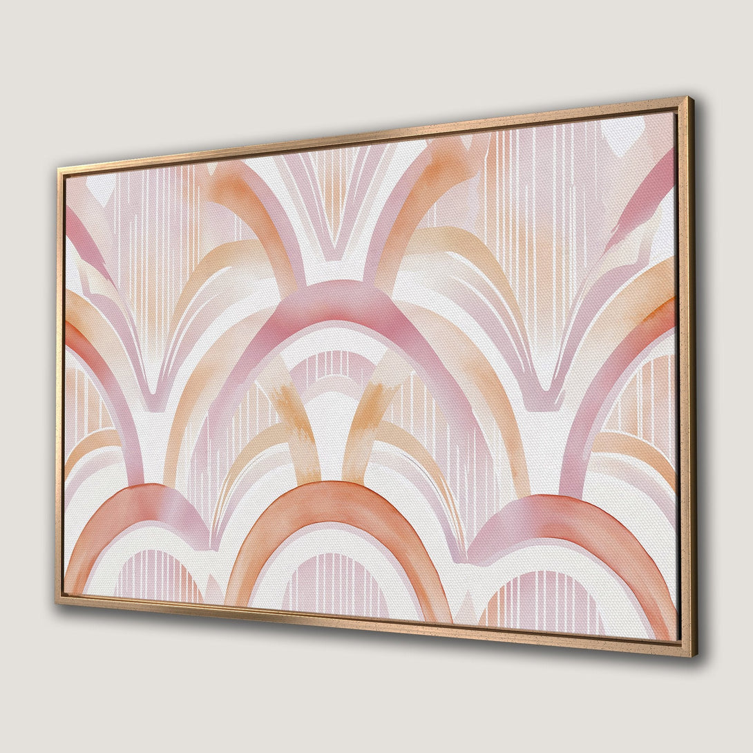 Framed Wall Art featuring an abstract watercolor design in a warm, blush pink and peach color palette. Modern art for a stylish interior.