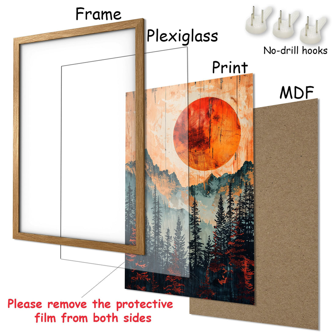 Framed Poster featuring a mountain sunset landscape in a warm, earthy color palette. Perfect wall art for any space!