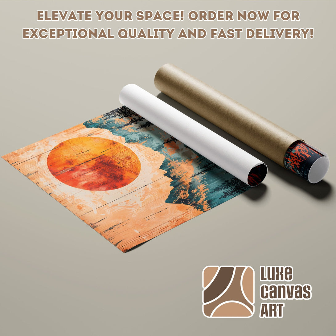 Abstract landscape Poster Roll art in warm orange, teal, and brown tones. Elevate your space!