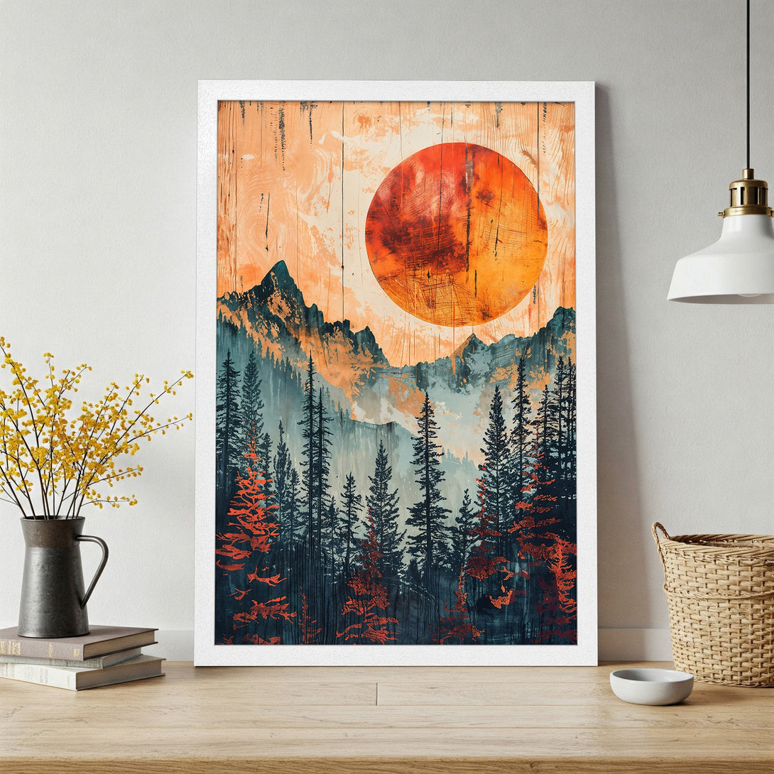 Framed Poster of a mountain landscape with a vibrant orange sun. Rustic style, featuring teal, orange, and wood-toned color palette. Perfect wall art!