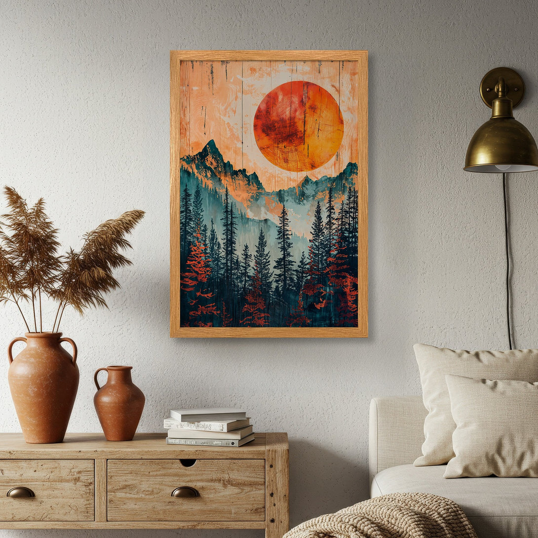 Framed Poster featuring a mountain landscape with a vibrant orange and teal color palette, perfect wall art for your home.