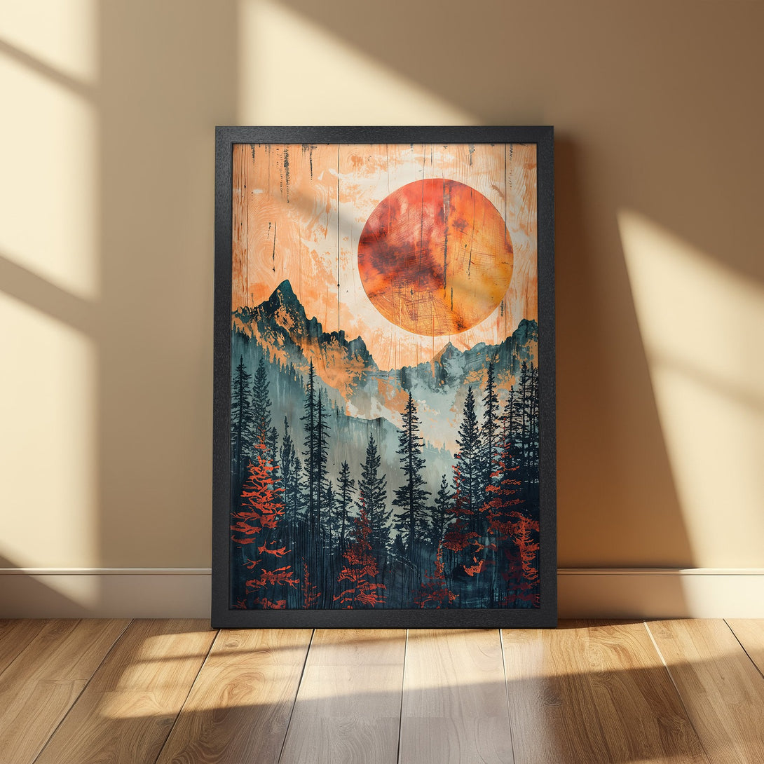 Framed Poster of a mountain landscape with a sunset in warm orange and teal tones. Rustic style art print for home decor.