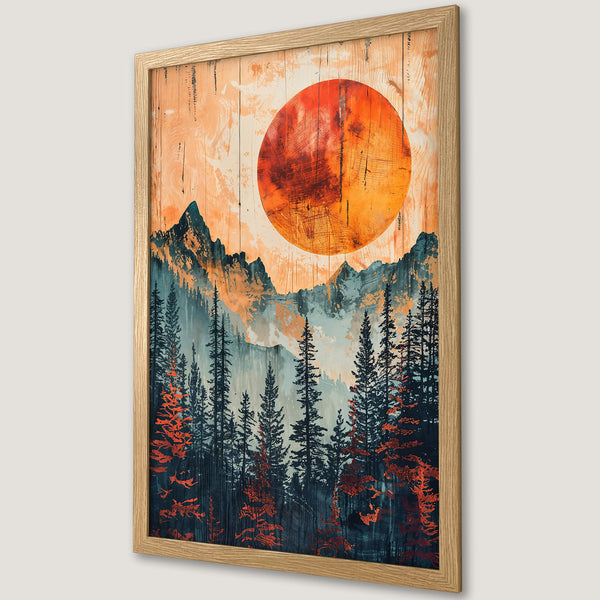 Framed Poster featuring a mountain landscape with a sun in an artistic style. Warm orange and cool blue color palette. Perfect wall art.