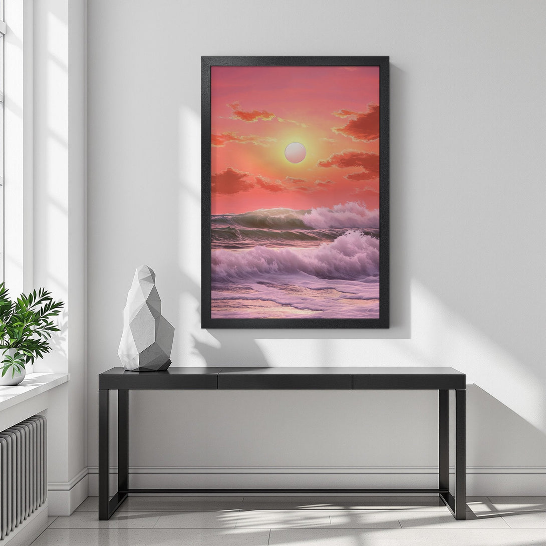 Framed Poster featuring a vibrant sunset over ocean waves. Artistic style with a warm red and orange color palette. Perfect wall art.