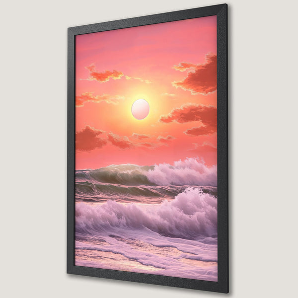 Framed Poster featuring a sunset over ocean waves. Artistic style with warm pink and orange hues. Perfect for home decor.