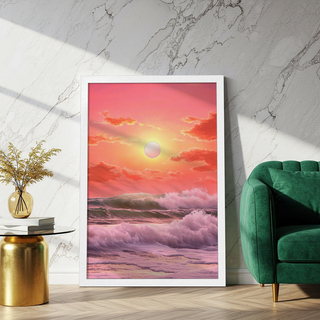 Framed Poster featuring a sunset over ocean waves. Romantic art style with pink, orange, and purple hues. Perfect wall decor!