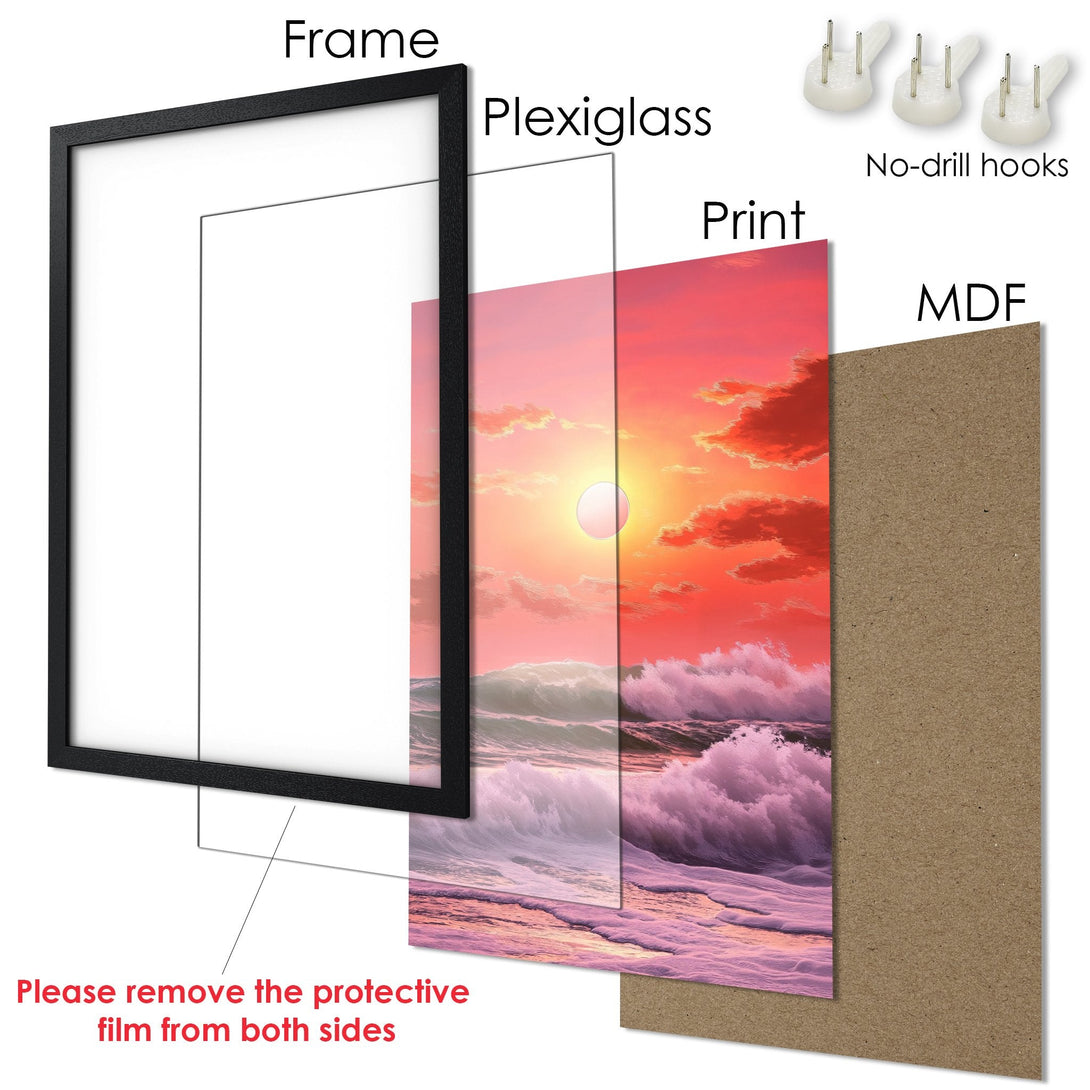 Framed Poster: Sunset over ocean waves. Vibrant art print with red, orange, and purple hues. Perfect wall decor.