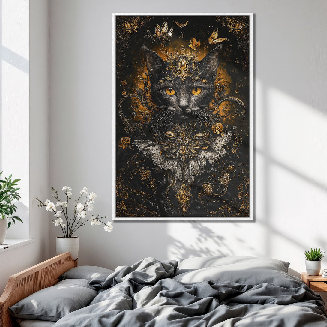Framed Wall Art featuring a regal black cat with gold accents on a dark background. Elegant, ornate style with a gold and black color palette. Perfect for home decor.