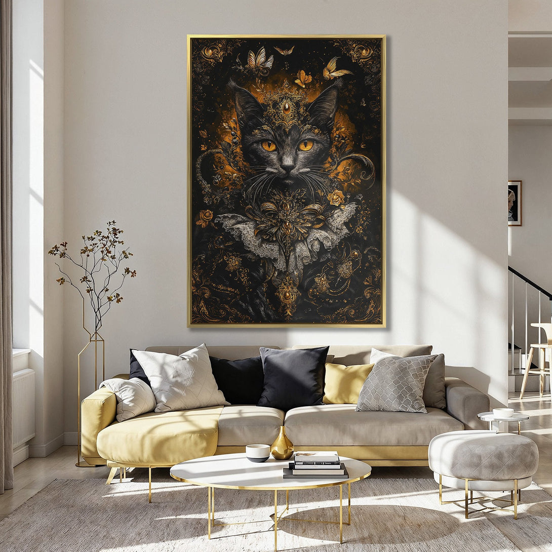 Canvas Print featuring a regal cat portrait in a baroque style, with a black, gold, and orange color palette. Perfect wall art for any room!