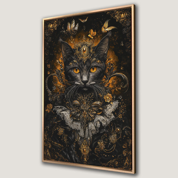 Framed Wall Art featuring a regal cat portrait in a baroque style. Rich black and gold color palette adds elegance to any space.