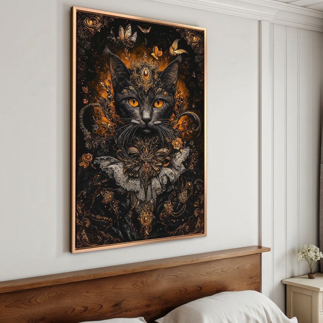 Framed Wall Art: Regal cat portrait in black, gold, and orange. Gothic style canvas print adds a touch of luxury to any space. Shop now!