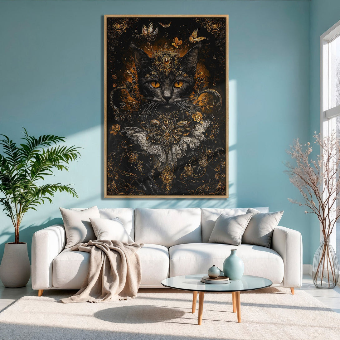 Framed Wall Art featuring a regal cat in a dark, ornate style with gold accents. Perfect for adding a touch of elegance to any room.
