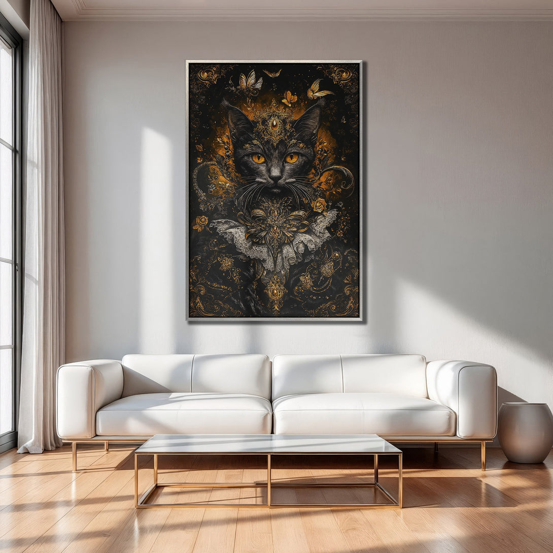 Framed Wall Art featuring a regal cat portrait in a dark, ornate style with gold accents. Stunning black and gold Canvas Print for luxury home decor.