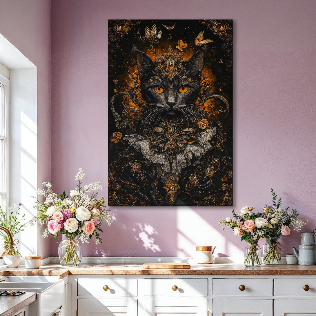 Framed Wall Art featuring a regal cat portrait in a dark, ornate style with gold accents. Adds a touch of luxury to any interior with its rich, black and gold palette.