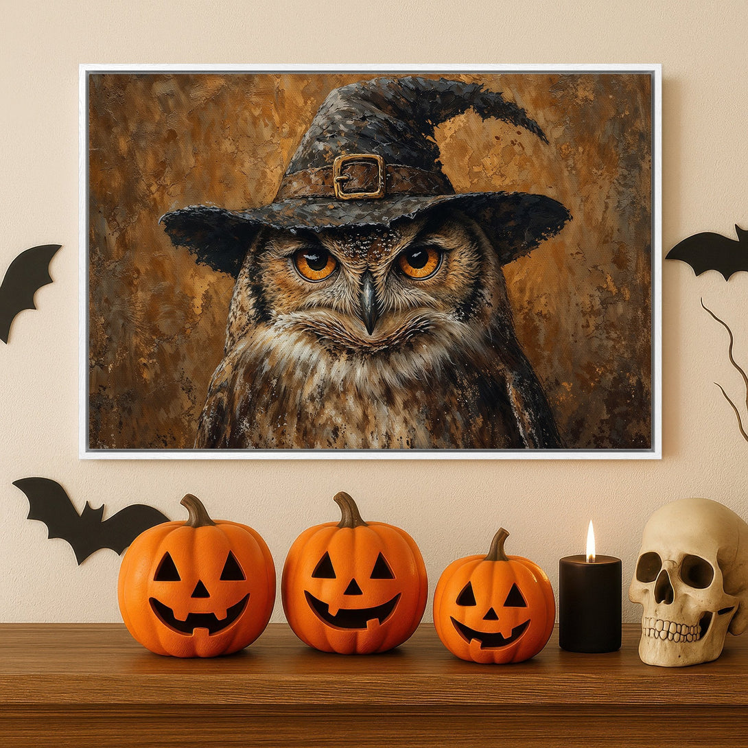 Framed Wall Art: Spooky owl in witch hat canvas print. Rustic style with a warm brown and orange palette, perfect for Halloween decor.