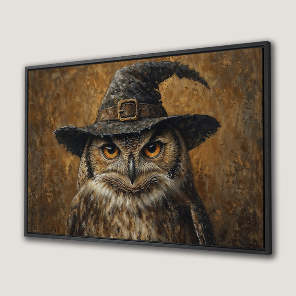 Framed Wall Art: Whimsical owl portrait in a witch hat. Warm brown and gold tones. Perfect Halloween decor. Add a touch of magic to your space!