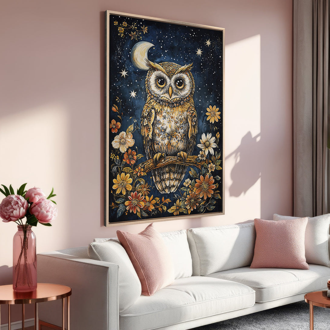Framed Wall Art: Whimsical owl painting in a floral night scene. Features a warm, earthy color palette with blues, yellows, and pinks. Perfect for home decor.