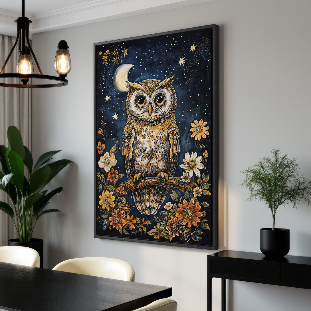 Framed Wall Art featuring a whimsical owl illustration with a night sky background. Warm, earthy tones and a charming, folk-art style. Perfect for home decor.