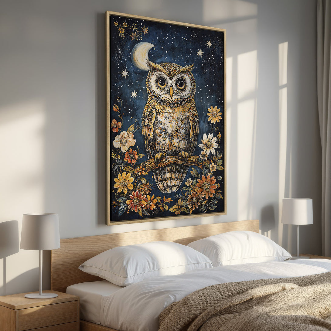 Framed Wall Art featuring a whimsical owl illustration in a night sky setting. Rich blues, golds, and oranges create a cozy, artistic vibe.