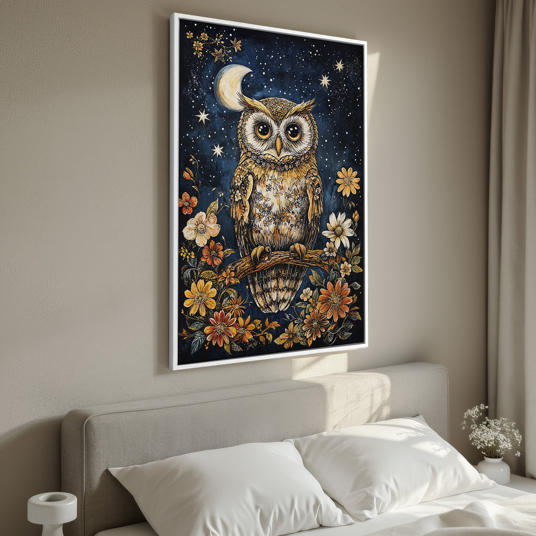 Framed Wall Art: Whimsical owl painting with floral accents. Dark blue background, warm gold & orange palette. Perfect bedroom decor.