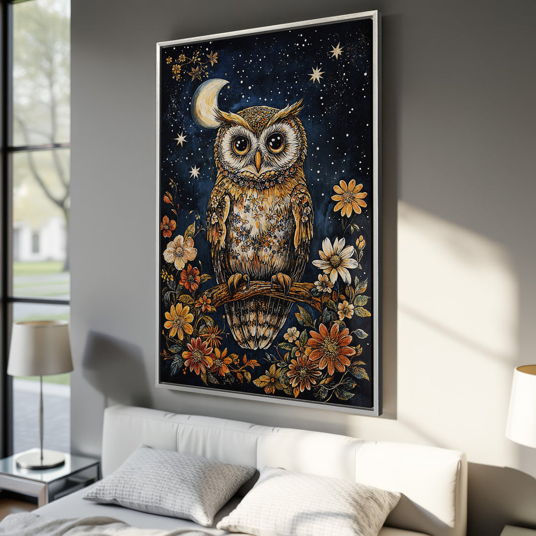 Framed Wall Art: Owl painting in a whimsical style with a dark blue background, moon, stars, and floral accents. Warm orange and gold color palette. Perfect for bedroom decor.