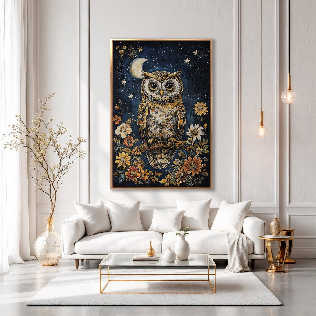 Framed Wall Art: Whimsical owl painting with a starry night backdrop. Earthy tones with pops of gold and orange. Perfect for living room decor.