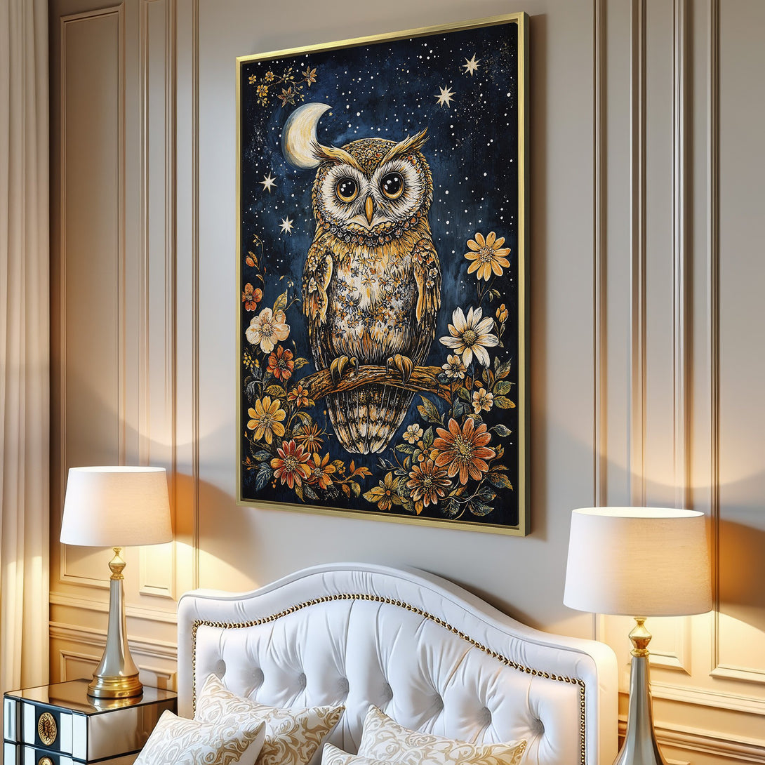 Canvas Print: Whimsical owl art with a night sky background. Warm, earthy tones and floral accents create a cozy, artistic vibe for any space.