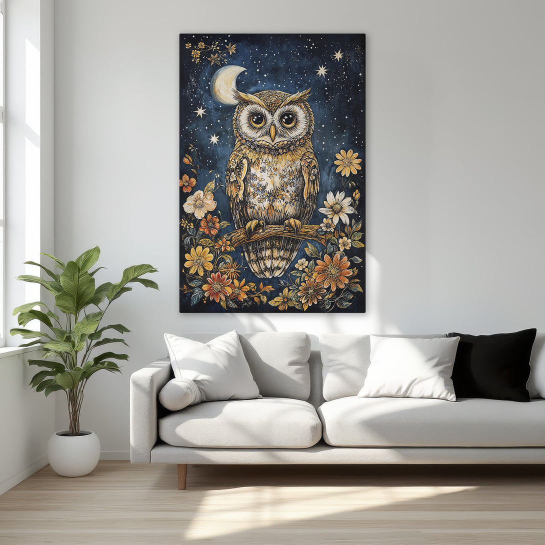 Framed Wall Art featuring a whimsical owl painting with a night sky backdrop. Warm color palette of gold, orange, and blue. Perfect for adding a touch of art to your bedroom.