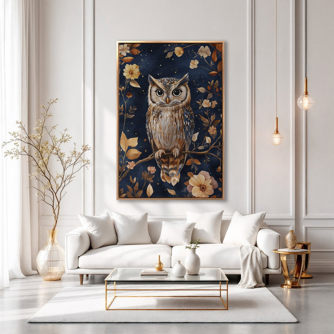Framed Wall Art: Watercolor owl print in a gold frame. Elegant, nature-inspired art with a blue, gold, and neutral color palette. Perfect for living room decor.