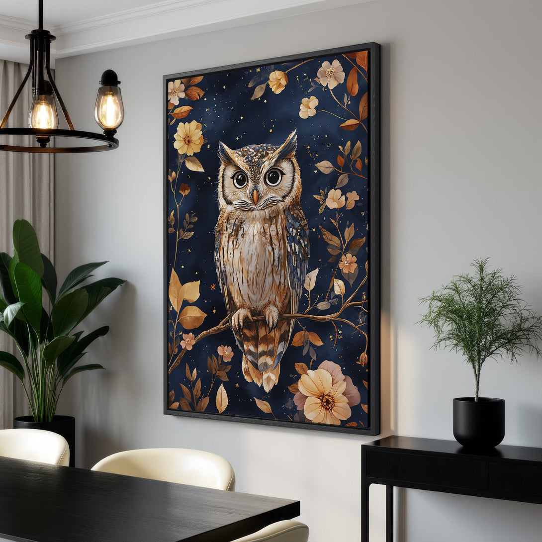 Framed Wall Art featuring a whimsical owl illustration with a navy and gold color palette, perfect for adding a touch of nature-inspired elegance to your space.