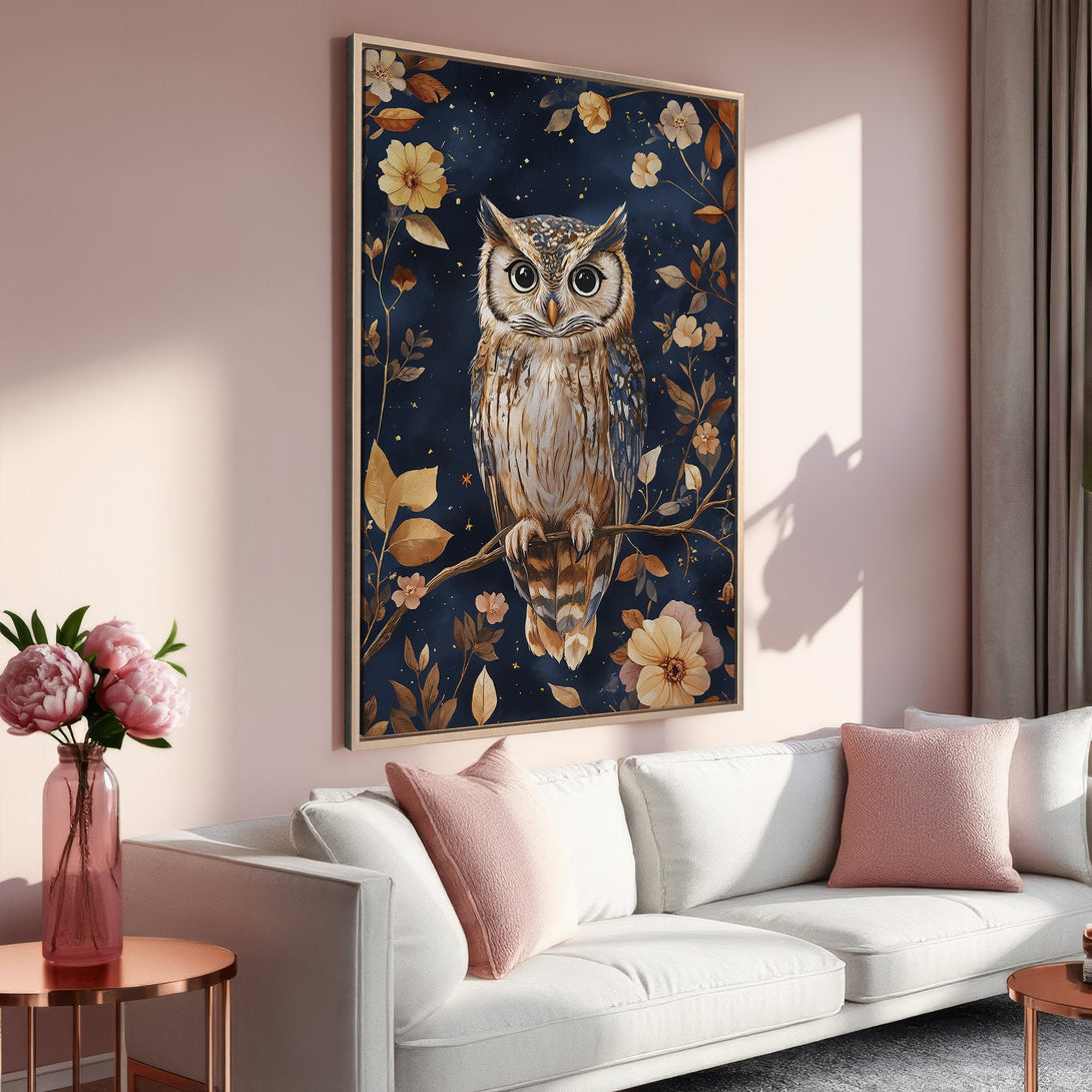 Framed Wall Art featuring an owl illustration in a watercolor style. Dark blue background with gold and beige floral accents. Perfect for a cozy living room.