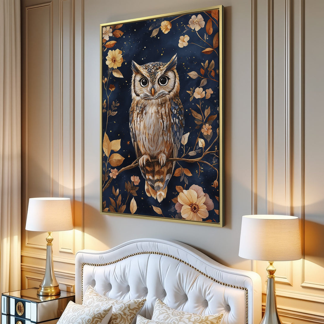 Canvas Print featuring a watercolor owl on a branch with floral accents. Elegant art in a navy blue and gold color palette, perfect for home decor.