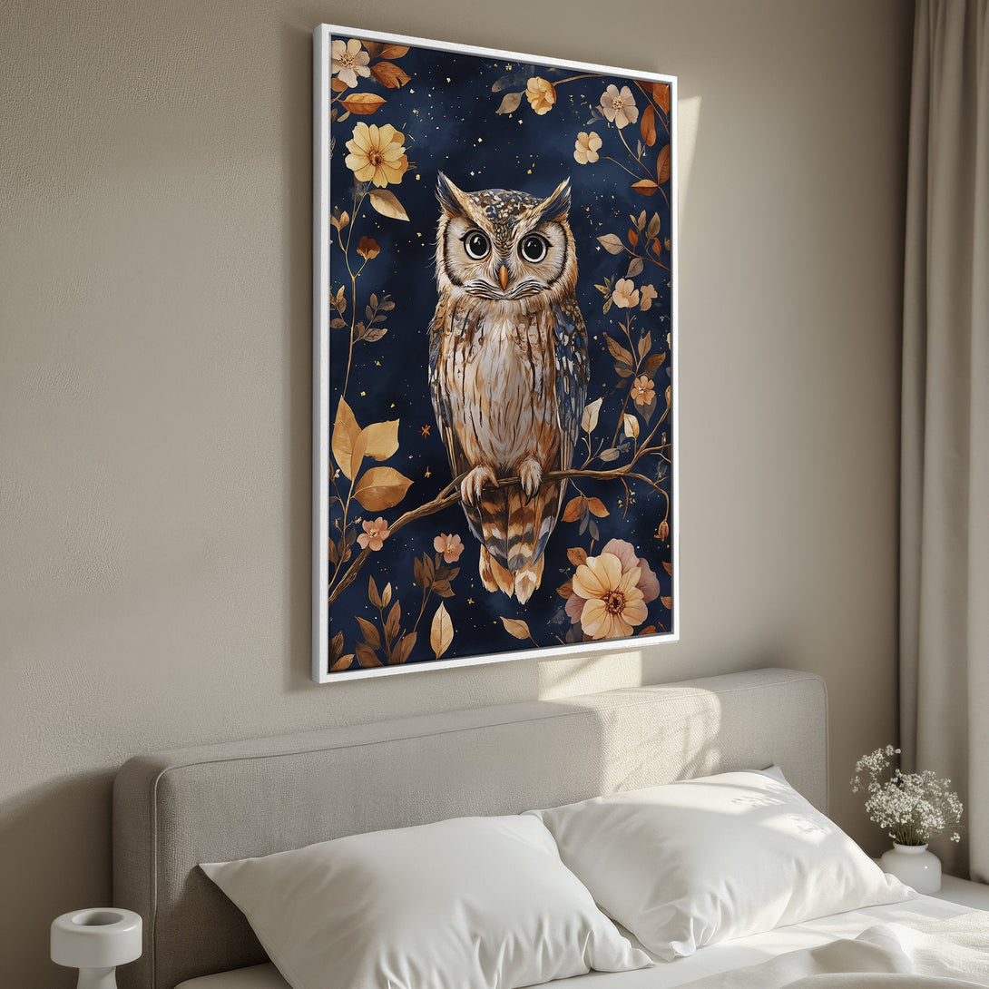 Framed Wall Art featuring a watercolor owl on a branch, set against a dark blue floral background. Warm gold and beige color palette. Perfect for bedroom decor.