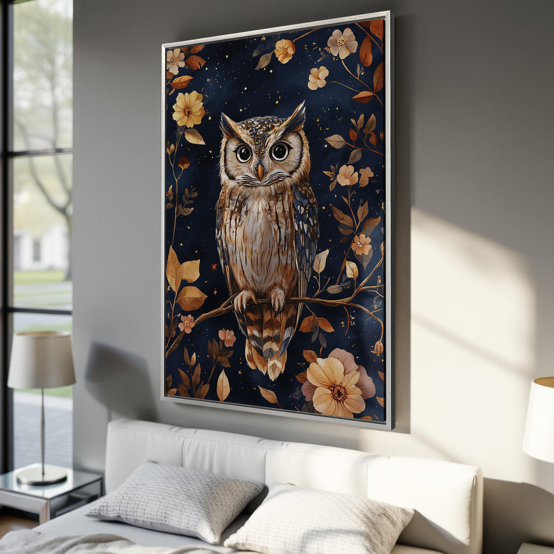 Framed Wall Art featuring a majestic owl in watercolor style, set against a dark blue background with floral accents in gold and beige. Perfect bedroom decor!
