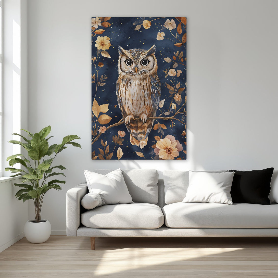 Framed Wall Art: Owl painting in a dark blue and gold floral design. Elegant canvas print for bedroom decor, featuring a majestic owl.