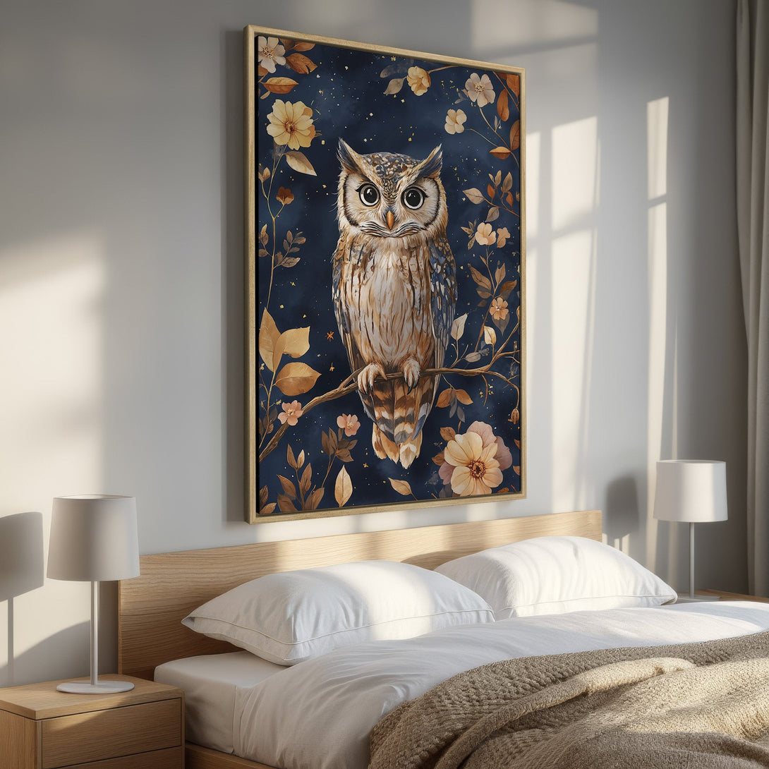 Framed Wall Art: Owl print in a bedroom. Watercolor style, featuring a majestic owl with floral accents, in a navy, gold, and beige color palette.