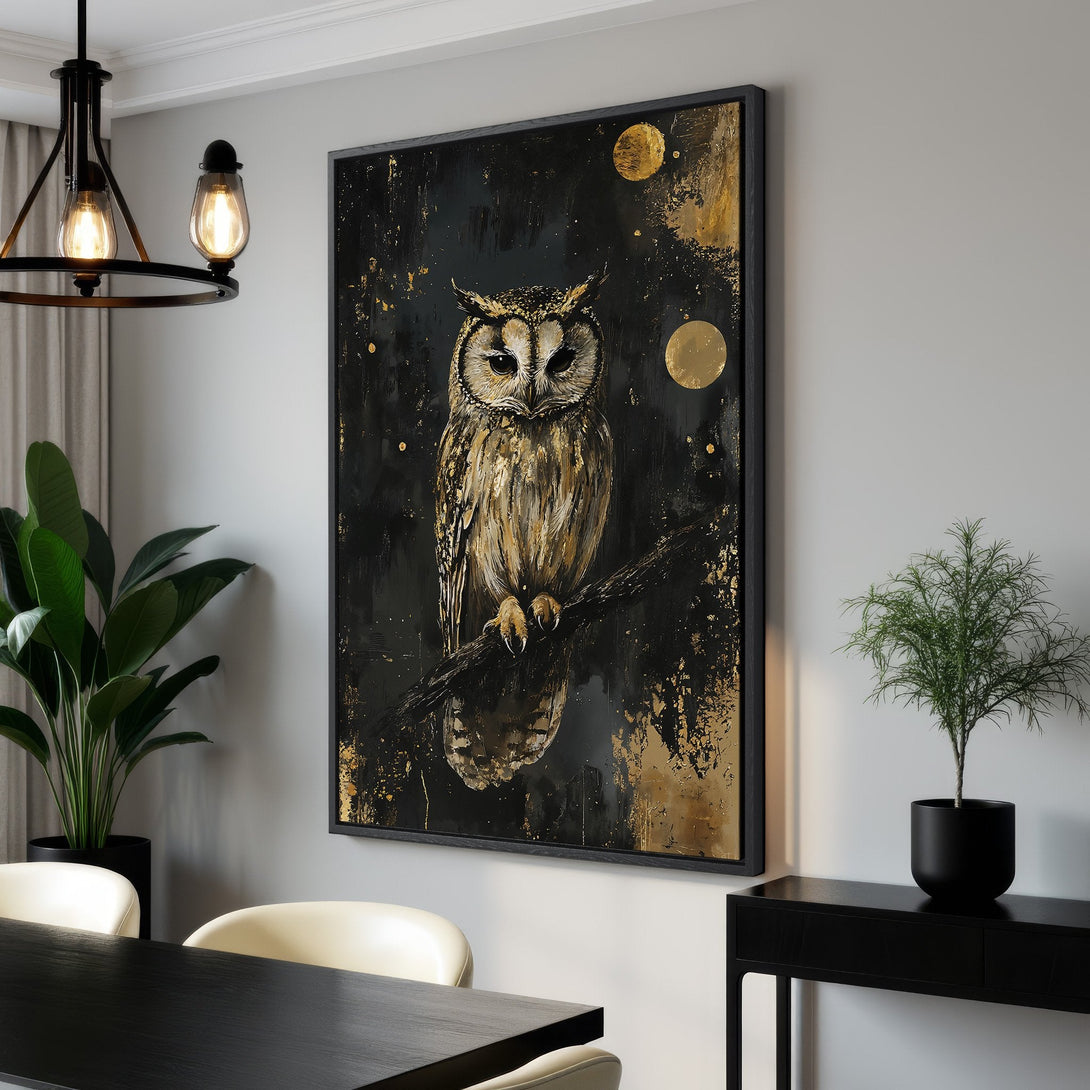 Framed Wall Art: Majestic owl canvas print with a black and gold abstract design. Perfect for adding a touch of elegance to your home decor.